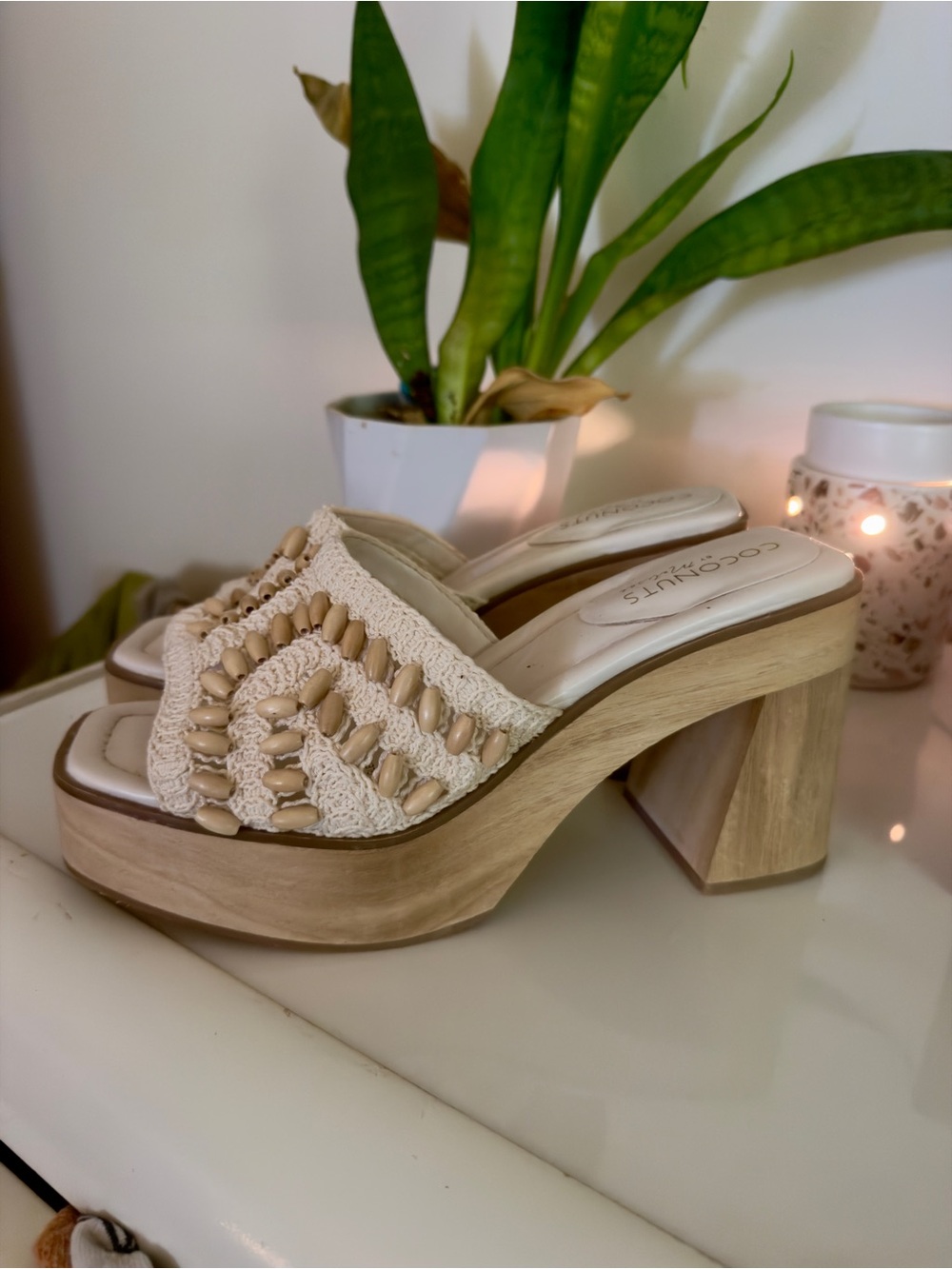 Glenn Natural Crochet Beaded Platform Sandals